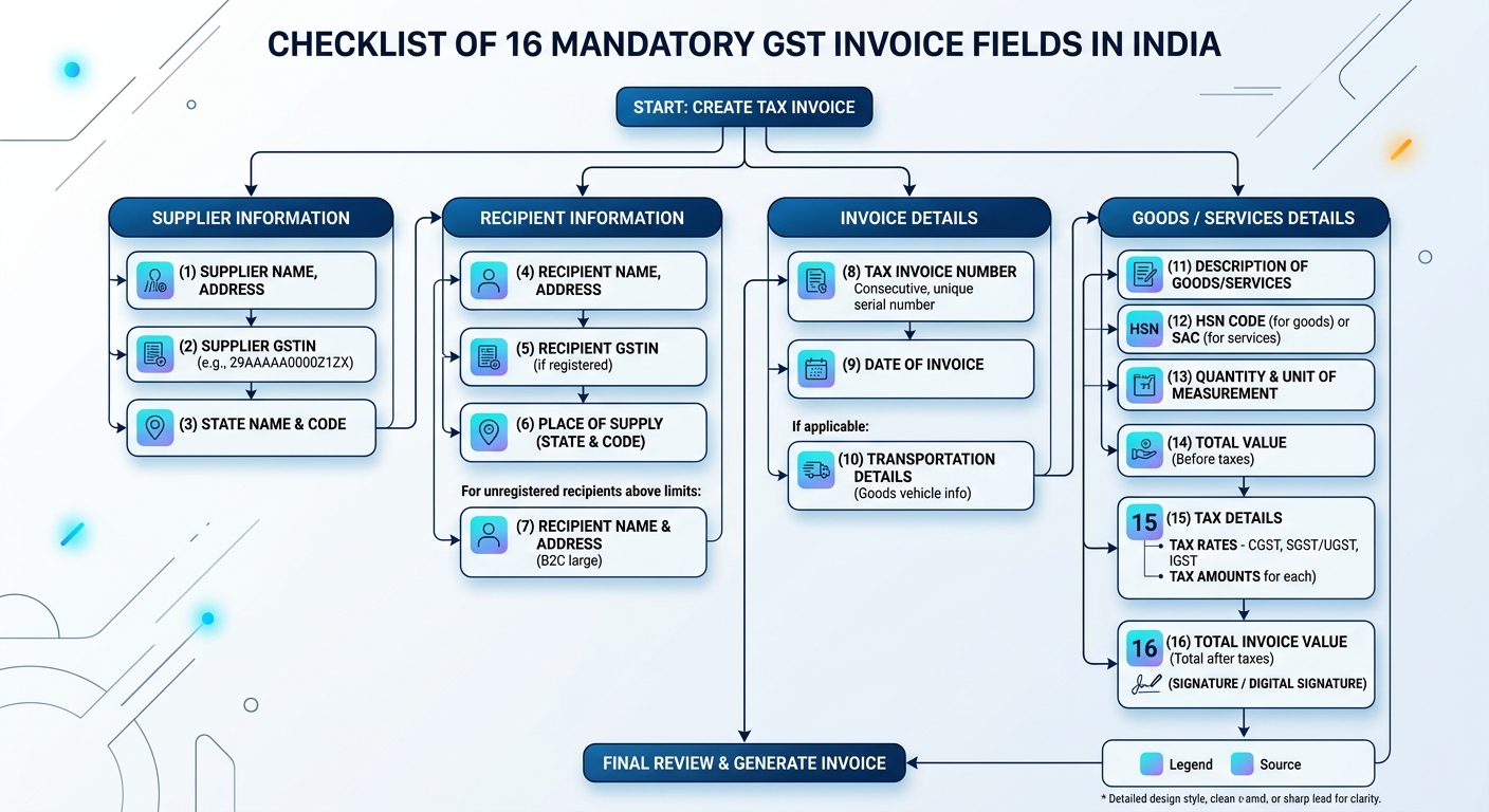 Checklist of 16 mandatory GST invoice fields